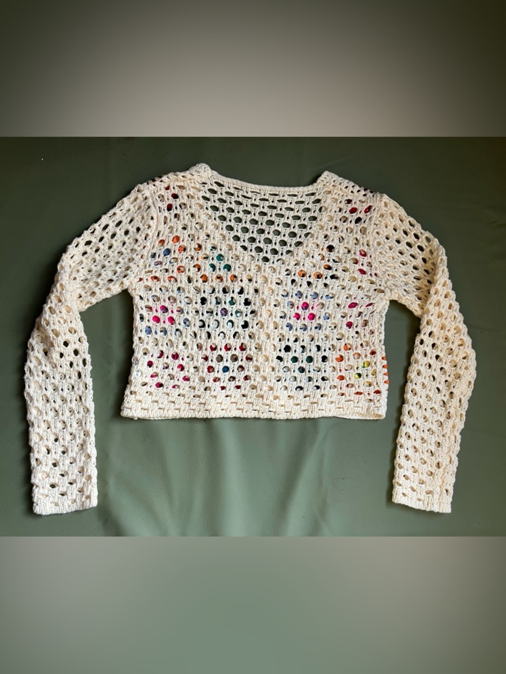Crochet Granny Square Cropped Cardigan Rainbow Cream Women’s Sweater - Picture 4 of 9
